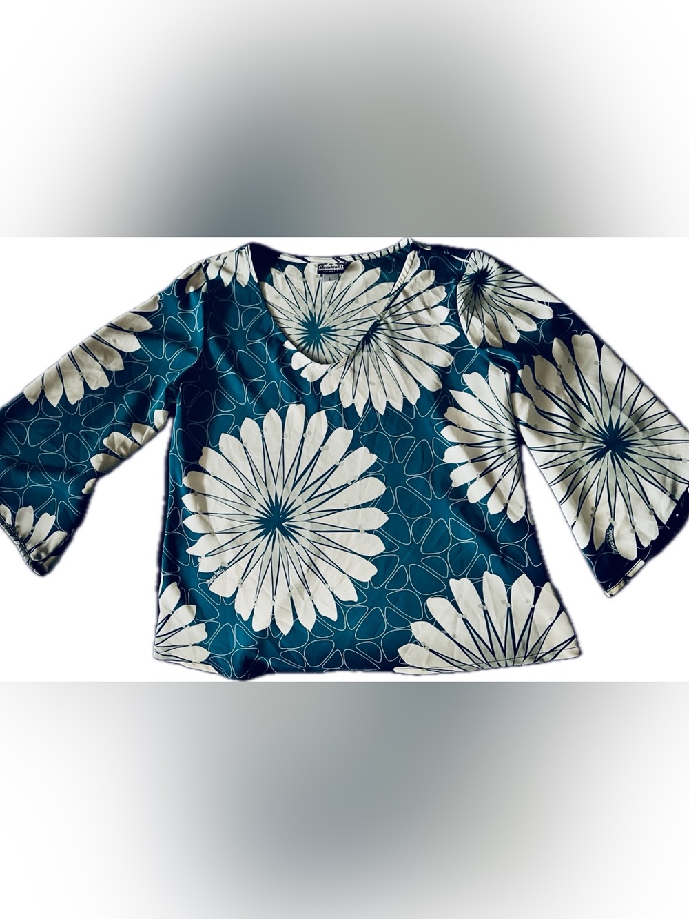 Manuhealii Teal and White Floral Boatneck Top